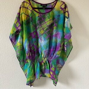 Ashley Stewart Women’s Sheer Blouse 14/16 Water Color Elastic Waist Boho Artsy